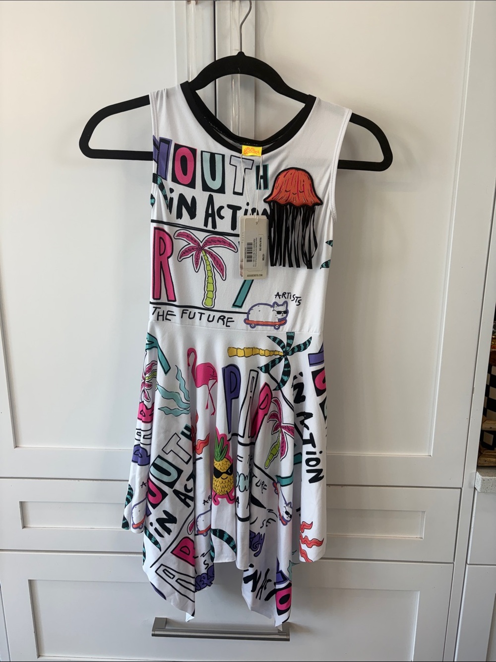 Agua Bendita White Kids Graphic Handkerchief-Hem Dress with Multicolor Prints